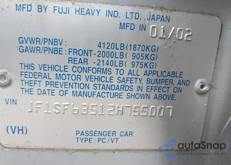 2002 Subaru Forester L from USA, damaged, VIN JF1SF63512H755007